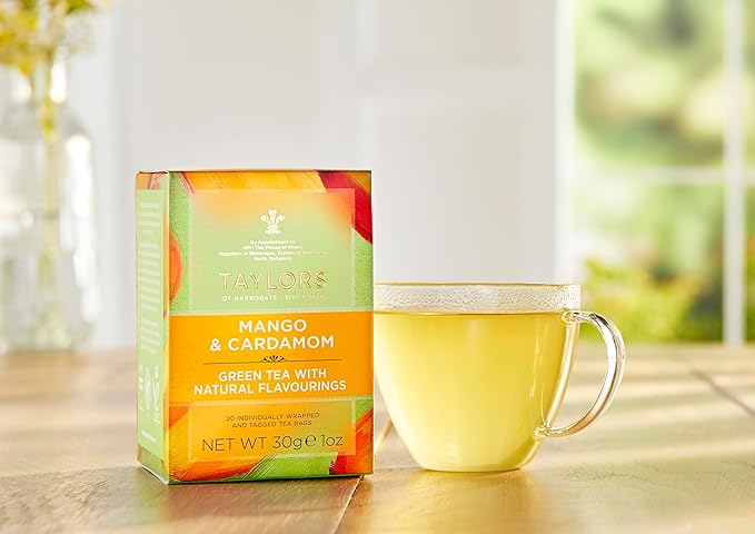 Taylors of Harrogate Mango & Cardamom, Green Tea, Individually Wrapped Bags, 20 Count, Delicate, Refreshing and Sweet, Caffeinated, Enjoy Hot or Iced