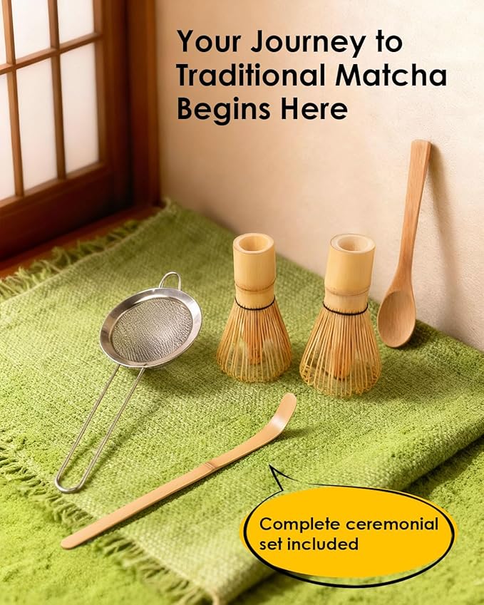 Bamboo Matcha Whisk Set with 2-pack 100% Natural Bamboo matcha Whisk,Sifter,Tea Scoop and Tea Spoon，Handcrafted Traditional Japanese Chasen