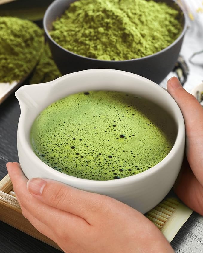 Matcha Bowl with Spout, Ceramic Matcha Tea Bowl (Chawan), Traditional Matcha Mixing Bowl for Whisking Matcha, Ivory White (18 Ounce)