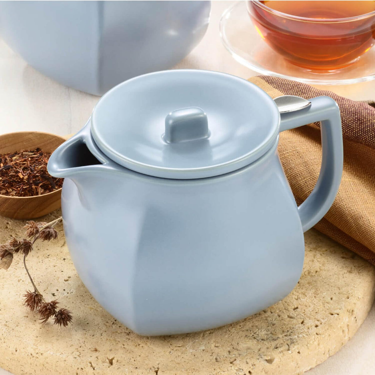 Tea Forte Stone Blue Ceramic Fiore Teapot with Infuser