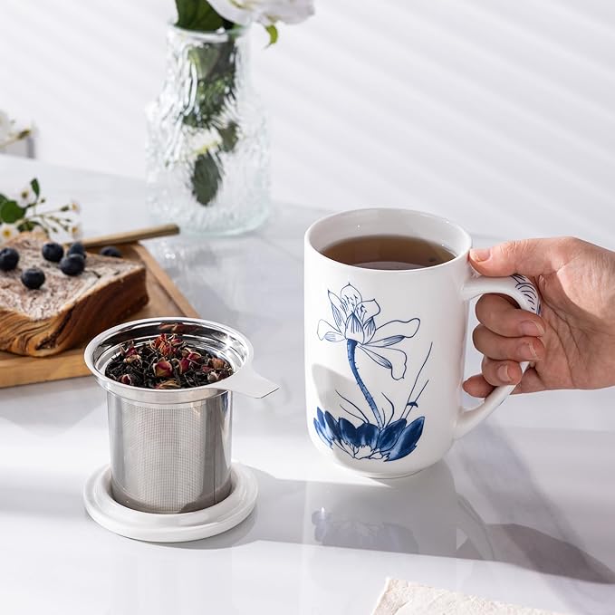 AmorArc Porcelain Tea Mug with Infuser and Lids, 18 Oz Large Cup Strainer with Bag Holder for Loose Leaf Tea