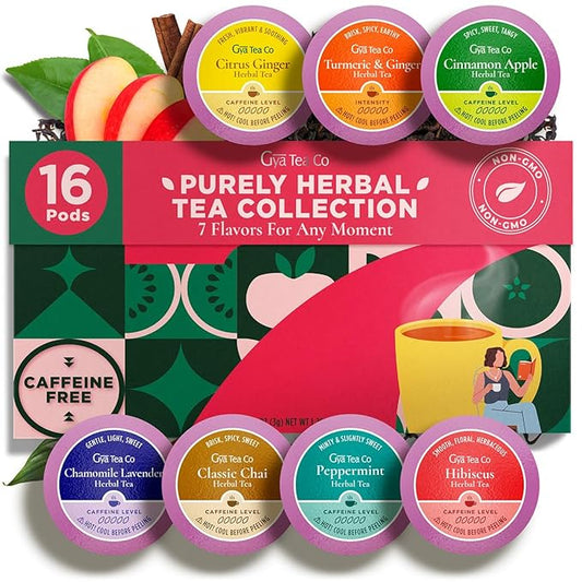 Gya Tea Co Purely Herbal Tea Pod Collection Gift Set (16 Count) - Different Flavors Assorted Variety Pack