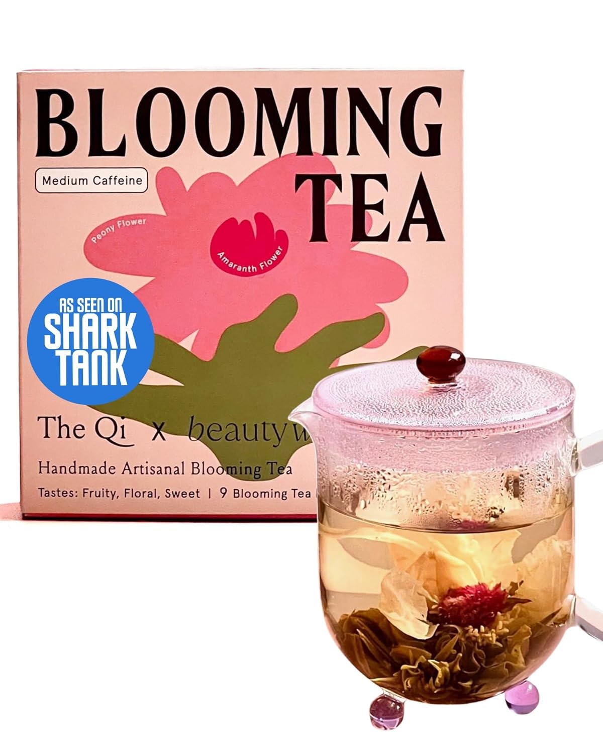 The-Qi Inner Beauty Peony Blooming Flower w/Green Tea – 9 Pcs Handpicked All Natural Blooming Flower Tea – Peony & Globe Amaranth Blend Qi Gift Set for Relaxation & Wellness – Makes 27 Cups