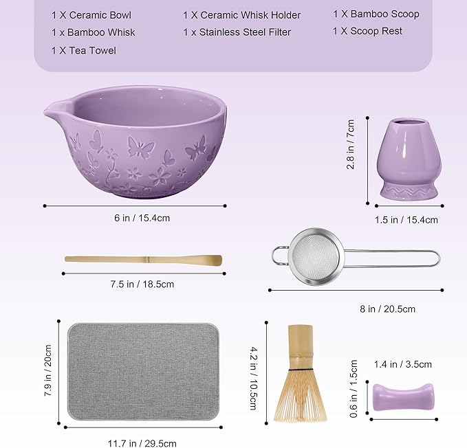 Matcha Whisk Ceramic Matcha Whisk Set Bamboo Whisk, Bowl With Spout, Powder Starter Sifter, Ceramic Whisk Holder, Tea Towel, Scoop and Scoop Rest for Matcha Tea Ceremony Purple
