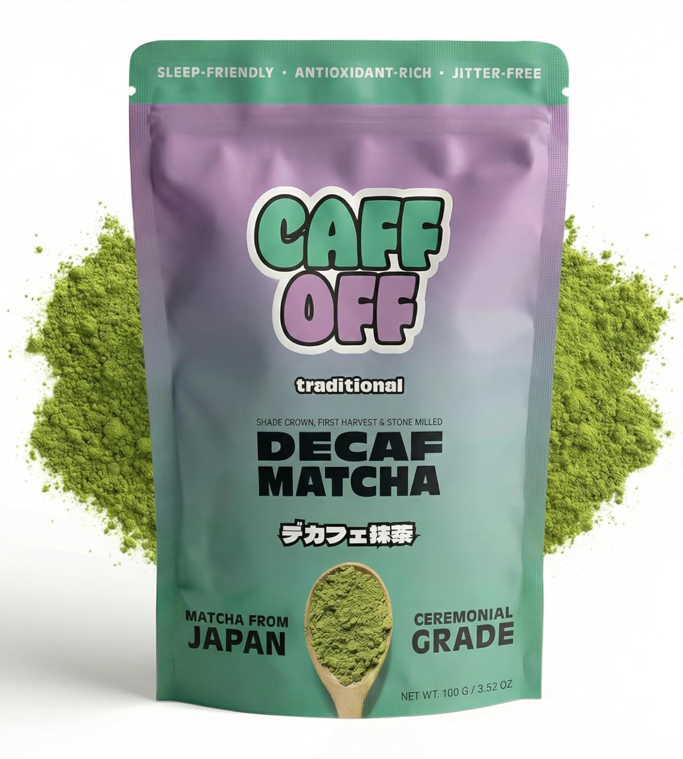 Caff Off Decaf Matcha Green Tea Powder From Japan – 3.52 oz / 100 g – Ceremonial Grade – Naturally Decaffeinated Without Chemicals – Tested for Heavy Metals – First Harvest, Shade-Grown & Caffeine-Free Matcha Powder