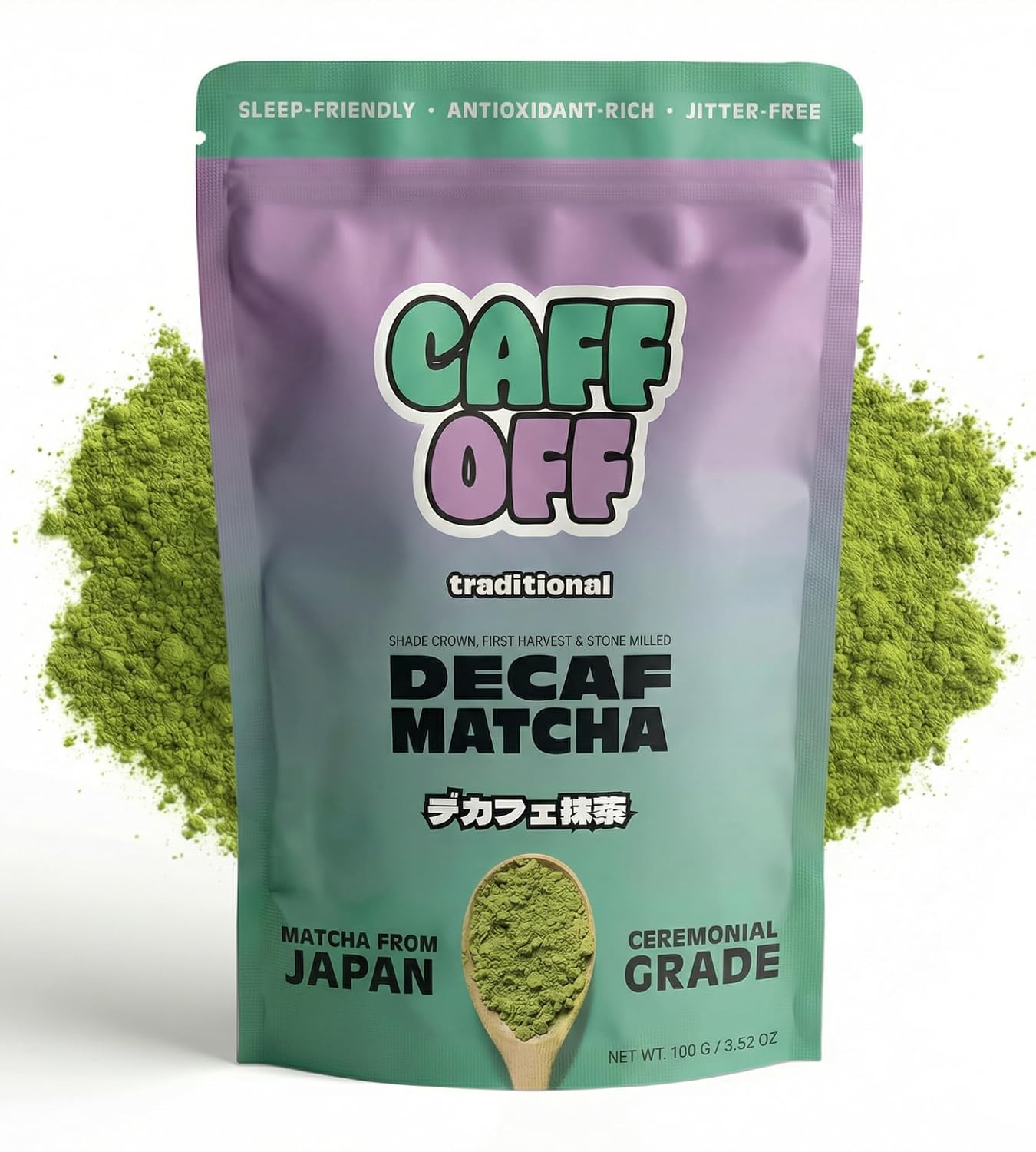 Caff Off Decaf Matcha Green Tea Powder From Japan – 3.52 oz / 100 g – Ceremonial Grade – Naturally Decaffeinated Without Chemicals