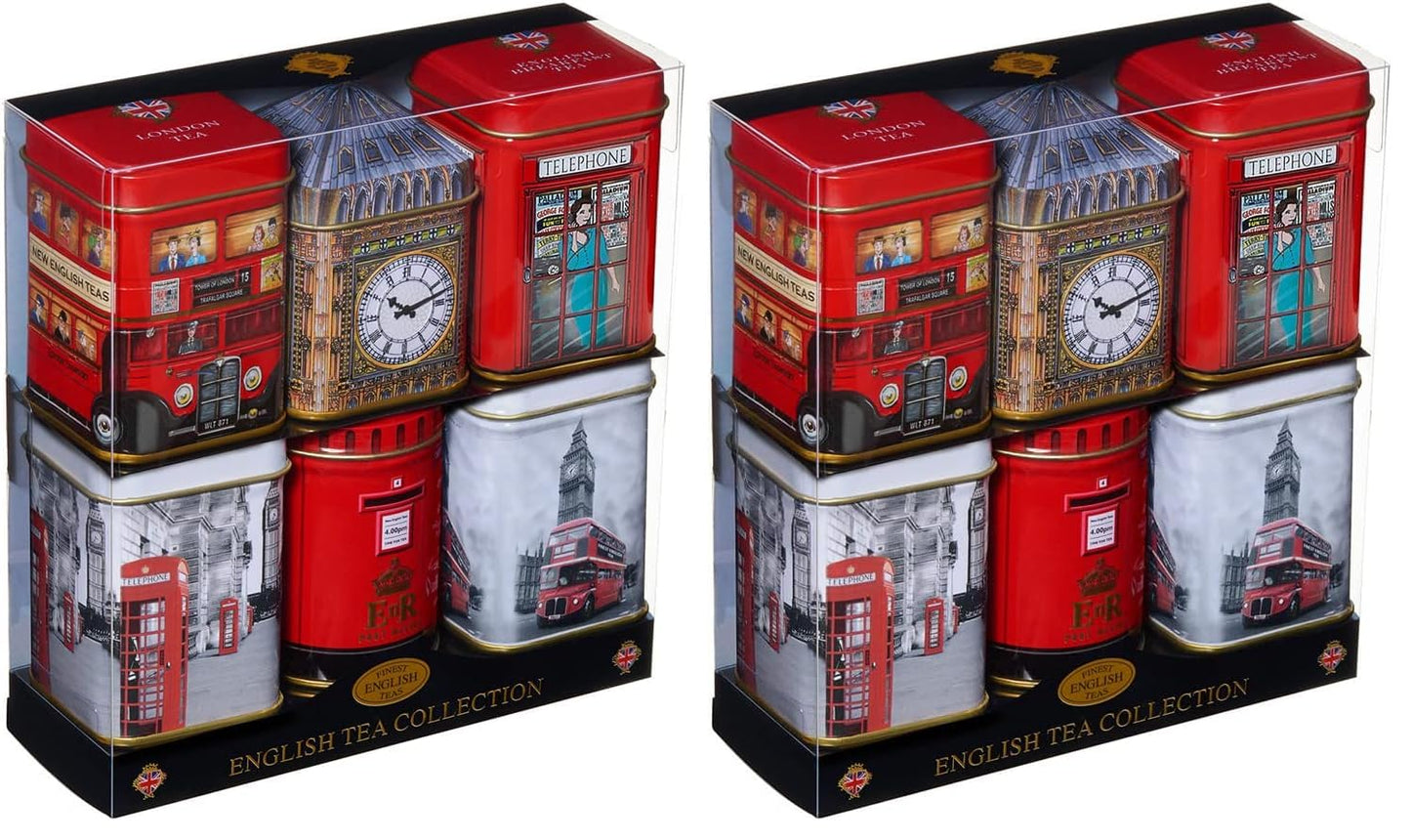 Iconic London Sights 6x Tea Tins with Fine English Breakfast Loose Leaf Tea, British Souvenir, Big Ben, UK Foods (Pack of 2)