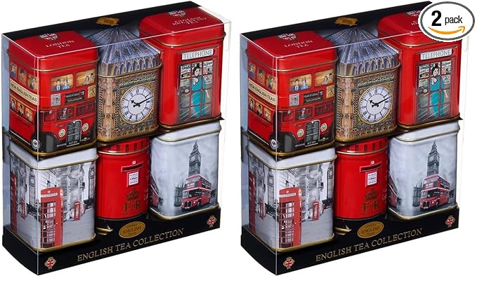 Iconic London Sights 6x Tea Tins with Fine English Breakfast Loose Leaf Tea, British Souvenir, Big Ben, UK Foods (Pack of 2)