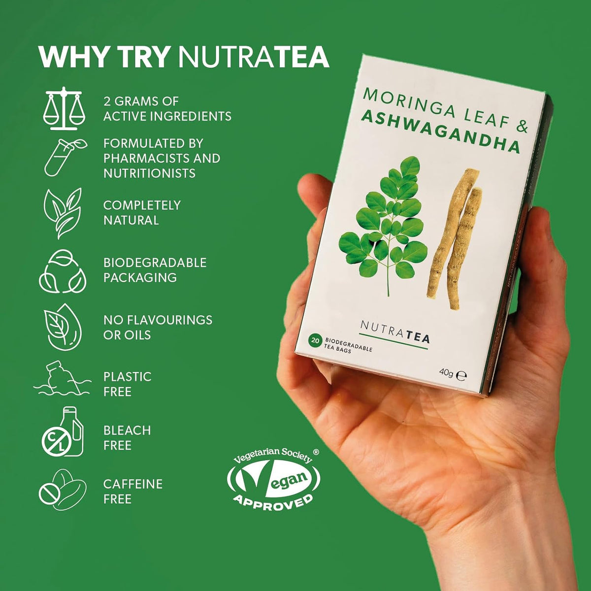 Nutra Tea - Moringa Leaf &amp; Ashwagandha – Moringa Tea Bags, Ashwagandha Tea Bags - For Mood Support and Stress Relief - 40 Individually Wrapped Bags - Herbal Infusion (2 Pack)