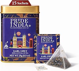 Pride of India Earl Grey Bergamot Black Tea 25g (0.9 oz) – 15 Tea Bags Individually Wrapped | Full Leaf Assam Black Tea for Hot or Iced Drinks | Citrus Flavor, High Caffeine & Single Estate Certified Tea