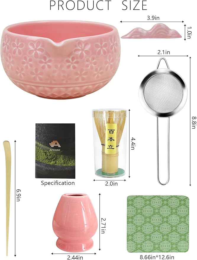 Artcome Matcha Tea Set – Pink Sakura Embossed Ceramic Bowl 17oz with Bamboo Whisk, Whisk Holder, Strainer, Scoop, Tea Spoon, Cloth