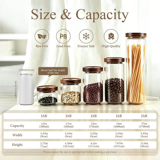 Glass Jars with Airtight Wood Lids - 11 oz Mini Kitchen Pantry Storage Containers, Stackable Decorative Canisters for Chia Seed, Sugar, Tea, Spice, Salt, Matcha, Nuts, Sauce, Cocoa powder, Set of 2