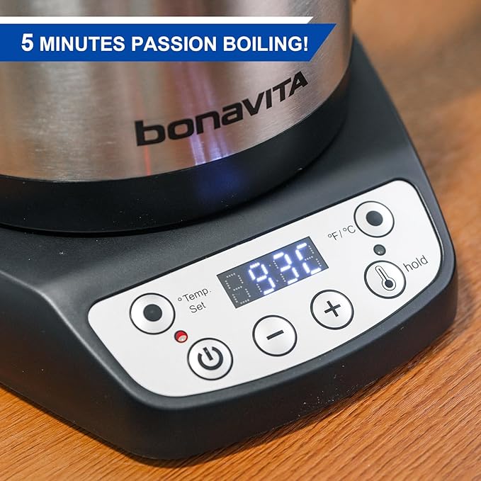 Bonavita 1L Digital Variable Temperature Gooseneck Electric Kettle for Coffee Brew and Tea Precise Pour Control, 6 Preset Temps, Café or Home Use
