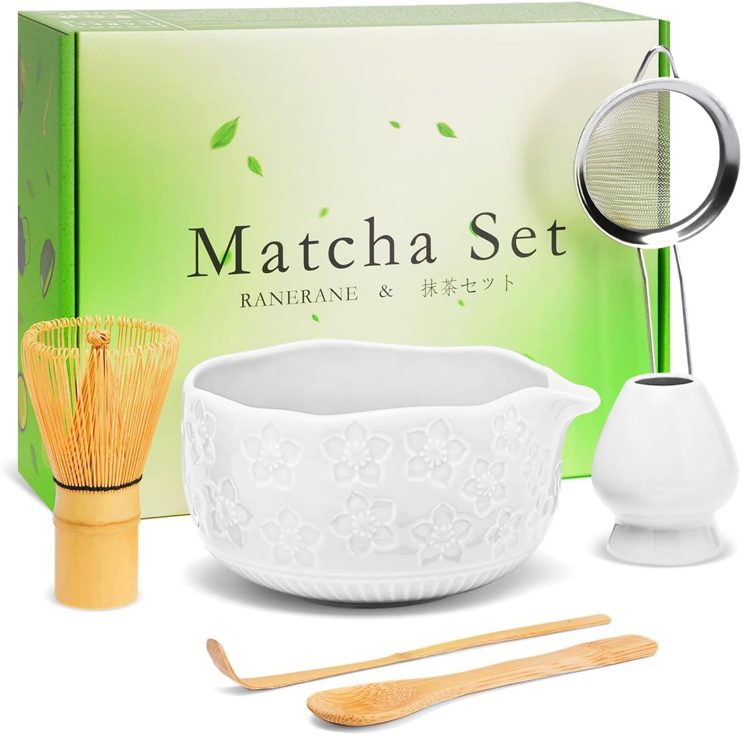 Matcha Whisk Set, Sakura White Ceramic Matcha Set Includes Matcha Bowl, Matcha Whisk (Chasen) and Holder, Sifter, Bamboo Scoop &amp; Spoon - 6 Pcs Matcha Kit for Matcha Lovers