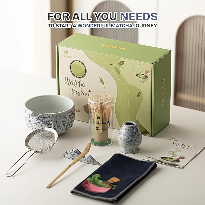 Matcha Whisk Set Black, 8 Pcs Matcha Set with Bowl (Chawan)/Whisk/Holder & Accessories, Matcha Kit for Ceremony, Traditional Tea Set for Making Latte, Gift for Family/Friends