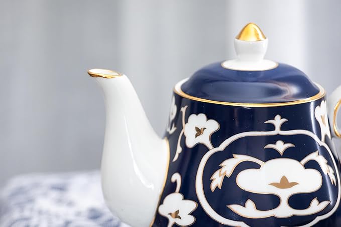 Blue and White Tea Pot - 28 oz. Bone China Teapot with White Vintage Design - Elegant Tea Serving Pot for Kitchen and Gift for Women, Men