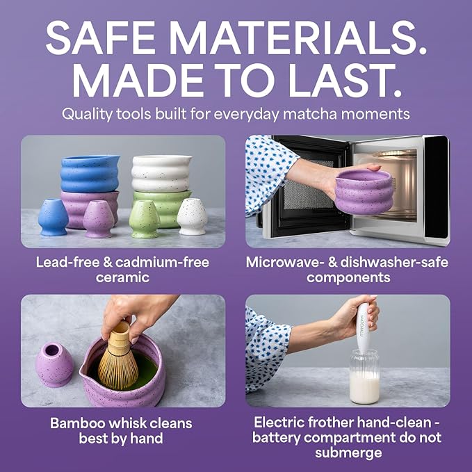 Matcha Whisk Set With Ceramic Matcha Bowl, Bamboo Whisk & Holder, Stainless Steel Spoon & Sifter, Glass Cup & Straw, Electric Frother, Storage Bag - Gift for Matcha Lovers (Premium 9-Piece Set Purple)