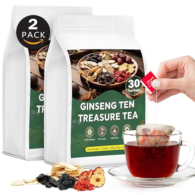 Ginseng Ten Treasures Tea Kidney Tea, Chinese Traditional Herbal Tea, Natural Kidney Cleanse Detox Teas for Women & Men, 10 Precious Ingredients Formula (2 Pack/60 Bags)