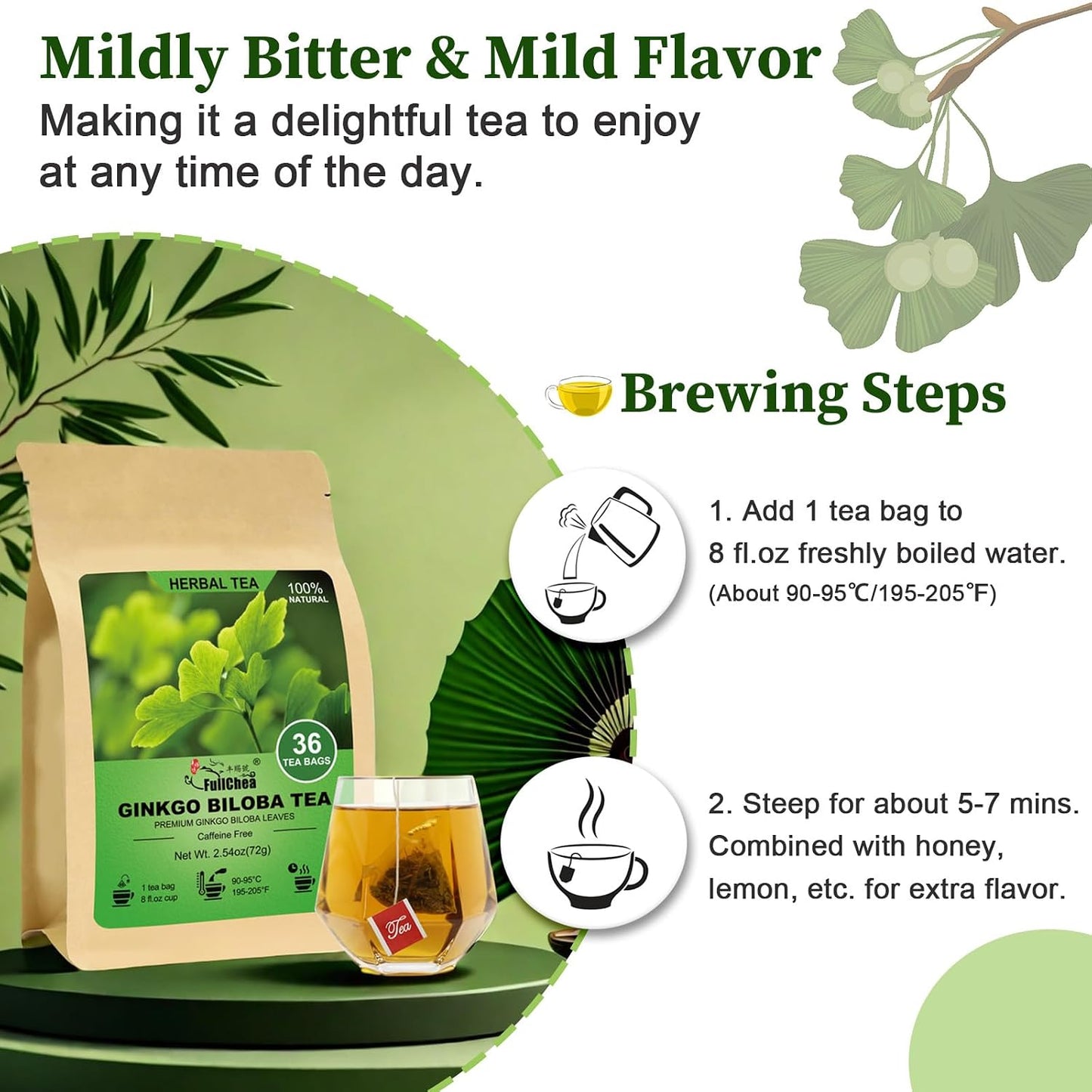 FullChea Ginkgo Biloba Tea Bags, 36 Counts, Non-GMO, Caffeine-Free | Pure Dried Ginkgo Biloba Leaves, Support Memory &amp; Focus, No Additives, Resealable Pouch