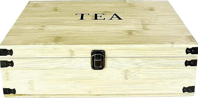 Large Wooden Tea Organizer Box, Big 14" Pine Storage Chest, 8-Slot Tall, Adjustable Shelves, 100% Handmade Craft Eco-Friendly Natural Décor