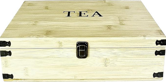 Large Wooden Tea Organizer Box, Big 14" Pine Storage Chest, 8-Slot Tall, Adjustable Shelves, 100% Handmade Craft Eco-Friendly Natural Décor