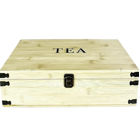 Large Wooden Tea Organizer Box, Big 14" Pine Storage Chest, 8-Slot Tall, Adjustable Shelves, 100% Handmade Craft Eco-Friendly Natural Décor