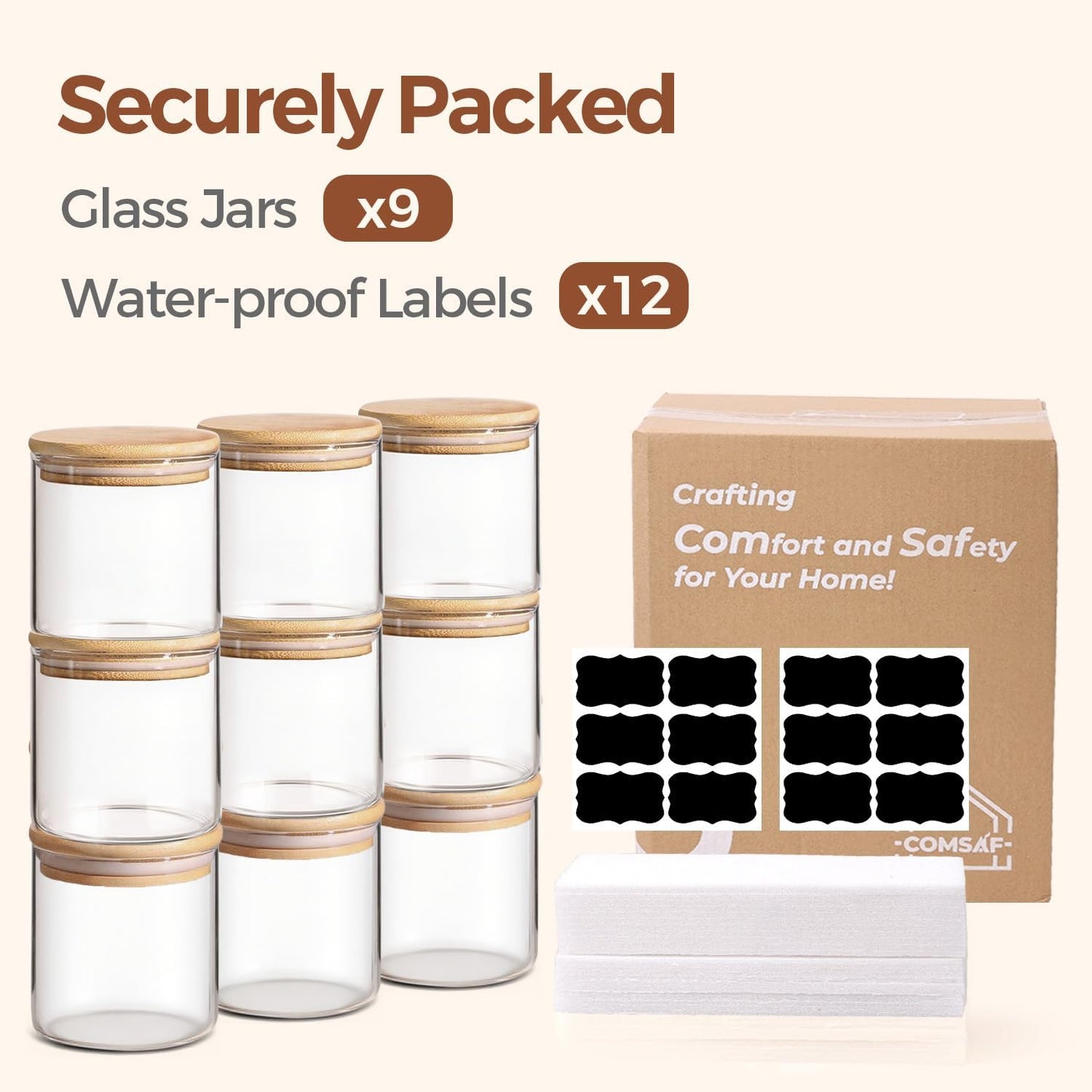 ComSaf Glass Storage Containers with Lids 0.6 Qt, 9 Pack Small Glass Jars | Small Glass Container, Spice Jar, Cookie, Candy, Family Snack Storage, Coffee Bar Organization, Size For Subpackage, BPA Free