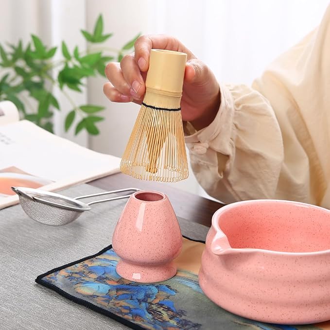 Matcha Tea Ceremony Set with Pink Ceramic Bowl, Bamboo Whisk, Strainer and Mat, 7-Piece Traditional Japanese Style