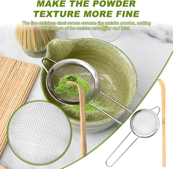 8 Pcs Matcha Whisk Set with Bamboo Whisk, Ceramic Bowl, Sifter, Scoop, Holder, Stand, and Tea Towel, Unique Gifts for Matcha Lover Home Kitchen Decor Gifts for Tea Enthusiasts Christmas