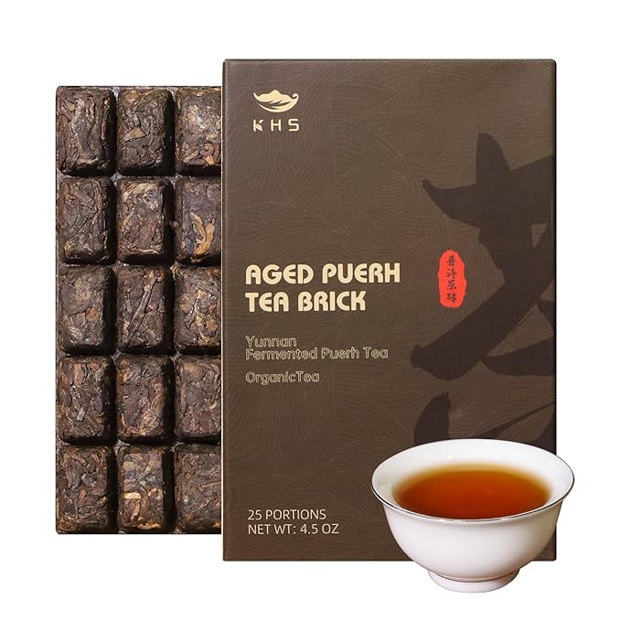 KHS Organic Ripe Pu Erh Tea Brick, 4.5 Oz USDA Certified Organic Puerh Tea Cake, No Dust Production Workshop, Aged Fermented Pu erh Yunnan Ancient Tree Pu'erh Cake, Woody, Deep Earthy Flavor
