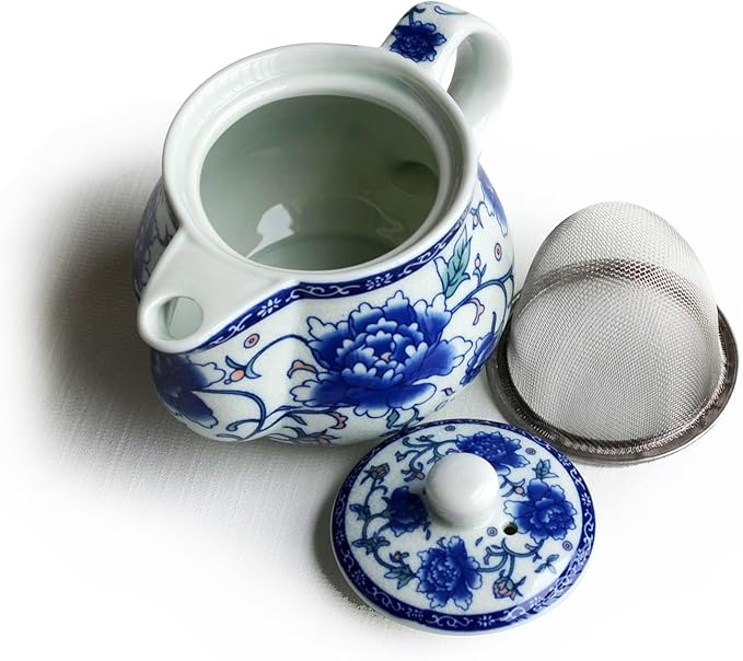 Small Porcelain Teapot, 9oz Tea Pot with Stainless Steel Infuser Classical Chinese Penoy Flower (Blue-and-white Penoy)