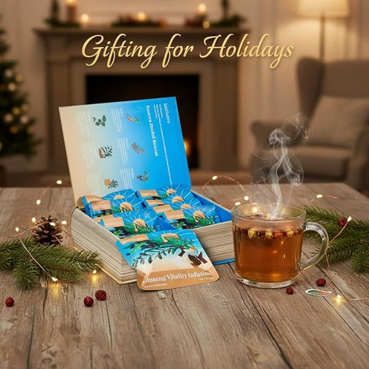 Ginseng Tea Bags - Natural Energy Boost Herbal Tea with Goji Berry & Red Dates, Kidney Tea for Mental Focus, Caffeine F-ree Morning Teas, 10 Counts Starch Bag Gift Box