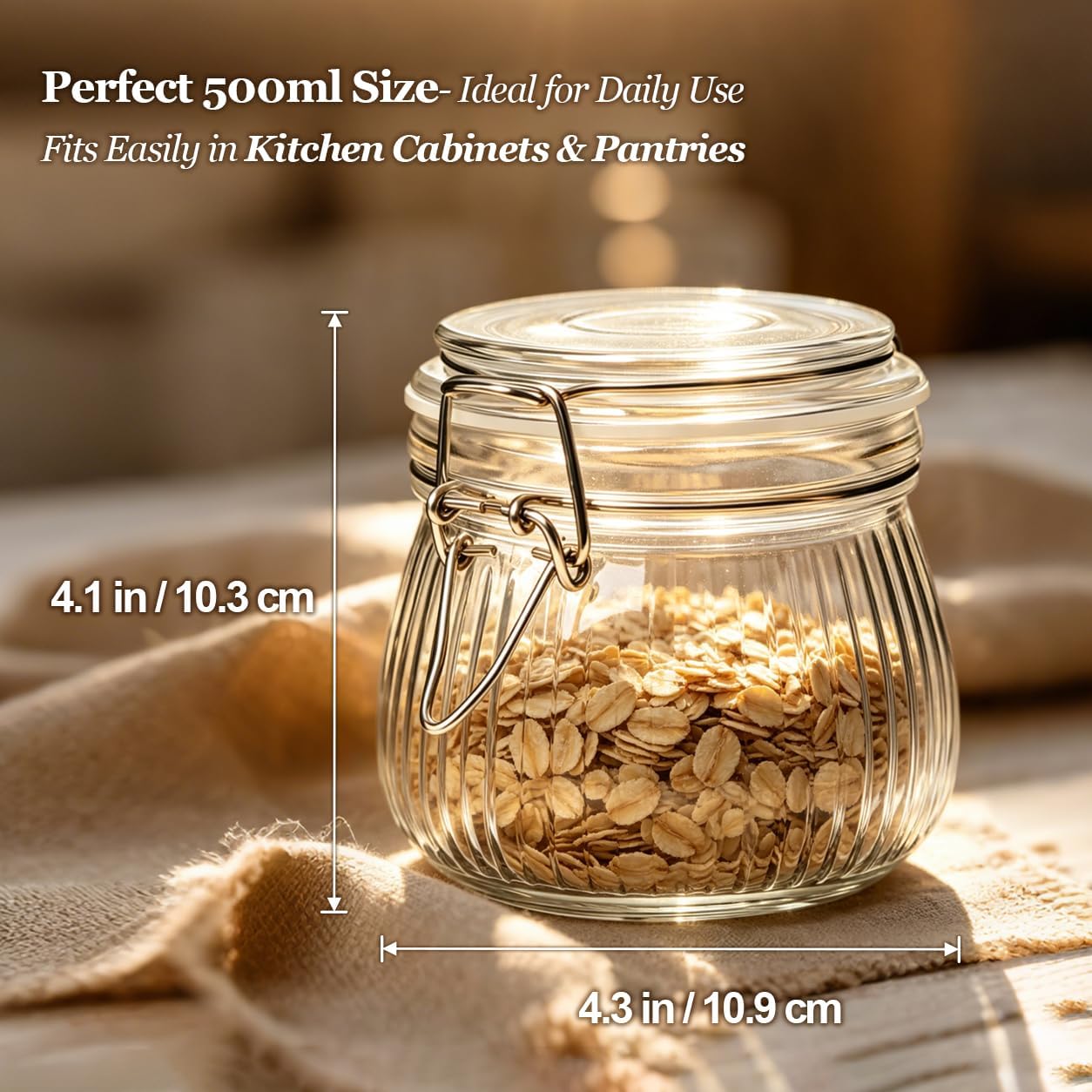 ComSaf Ribbed Glass Jars with Airtight Lids 17oz 6 Pack Wide Mouth Pickling | BPA-free food-grade glass, ribbed vintage texture, wide-mouth pickling, overnight oats, garnish &amp; small jars