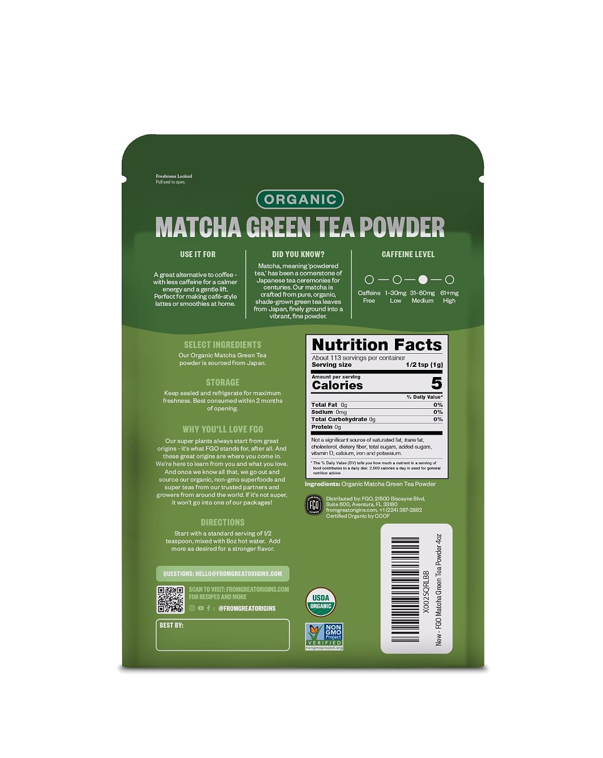 FGO Organic Matcha Green Tea Powder - Organic Matcha for Lattes, Smoothies &amp; Baking - USDA Organic &amp; Non-GMO - 4 oz Resealable Bag