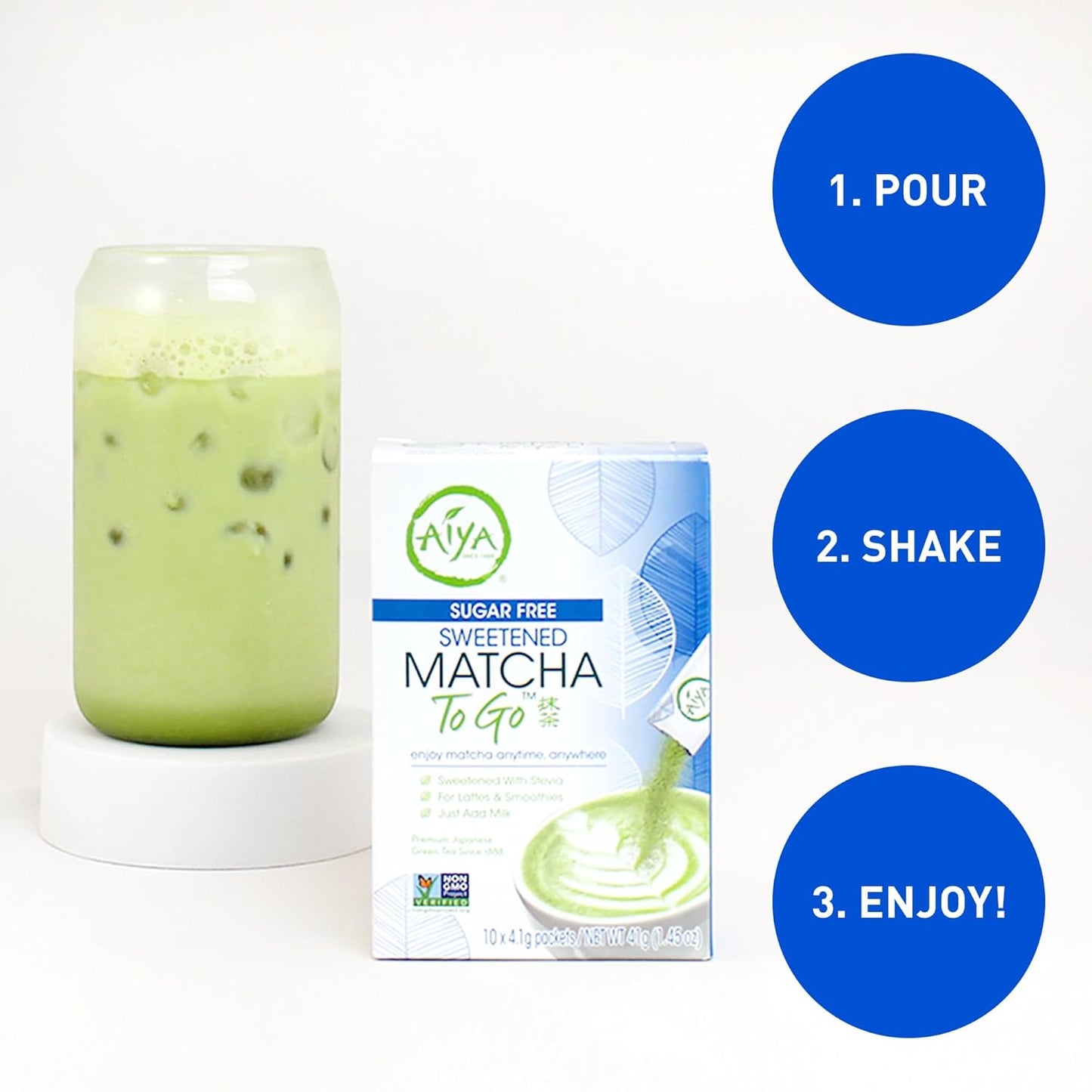 Aiya Sugar-Free Sweetened Matcha To Go Sticks - Stevia Sweetened Packets, Premium Japanese Matcha Powder, Gluten-Free - 10 Single-Serving Sticks
