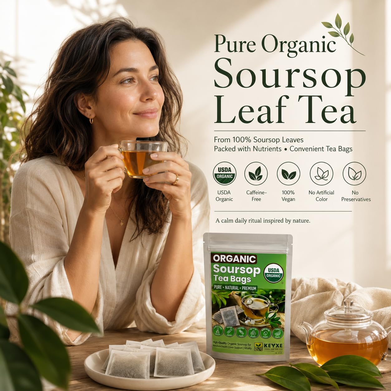 HERB DTQ USDA 100% Organic Soursop Graviola Leaf Tea Bags, Non-GMO, 90 Ct