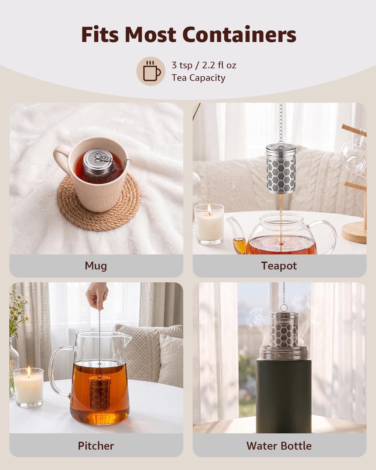 House Again 2 Pack Tea Strainers for Loose Tea, Extra Fine Mesh Tea Infuser, 304 Stainless Steel with Chain Hook, Loose Leaf Tea Steeper for Brew Tea Spices &amp; Seasonings, Geometric Design
