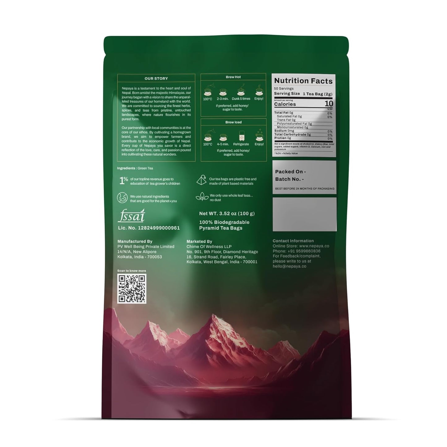 Nepaya Himalayan Green Tea Bags, High Grown Pure Green Tea, Low Caffeine, Smooth & Refreshing Taste, 50 Biodegradable Pyramid Tea Bags, Whole Leaf Green Tea for Hot or Iced Tea, Fresh & Natural Flavor