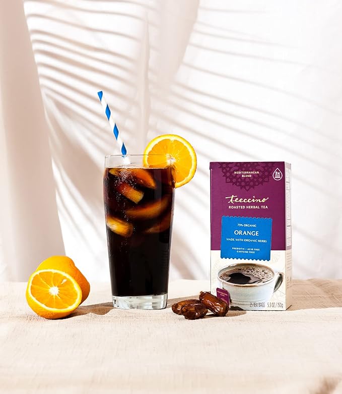 Teeccino Orange Herbal Tea - Enjoy Hot or Iced Tea Made with Roasted Chicory, Carob & Barley, Prebiotic, Caffeine Free, Acid Free, 25 Tea Bags