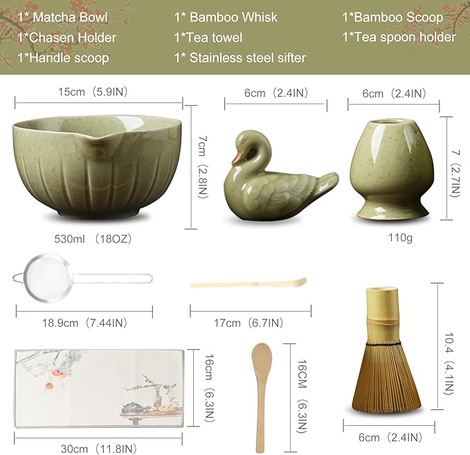 Matcha Kit - 8 Pcs Matcha Set Whisk and Bowl, Matchas Tea Set with Bamboo Whisk(Chasen), Mottled Green Matchas Kit for Macha Lover, Ideal Gift Christmas, Birthday, Anniversary (Mottled Green)