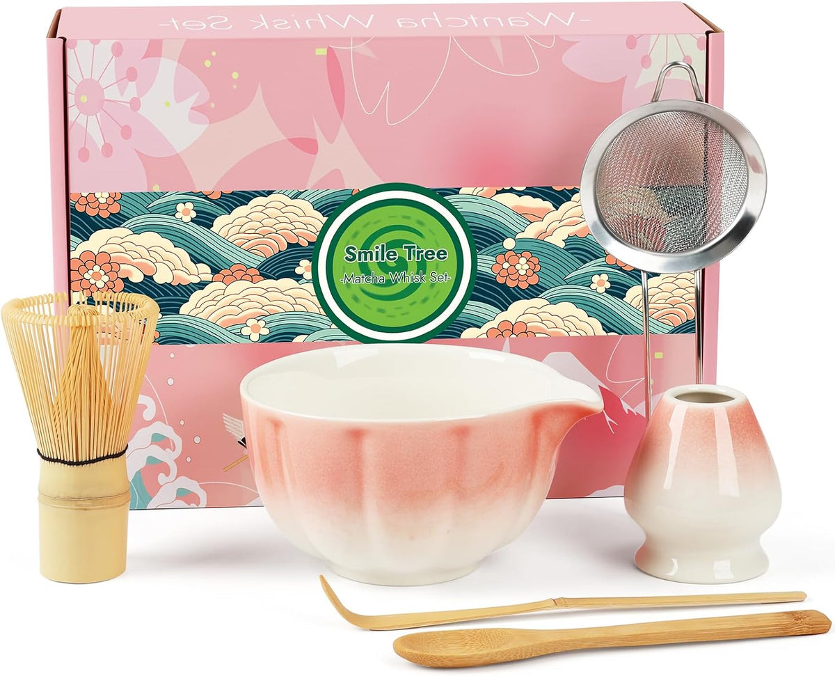 Matcha Whisk Set, 6 PCS Matcha Set-Ceramic Bowl, Matcha Whisk, Whisk Holder, Scoop, Spoon &amp; Sifter, Complete Matcha Ceremony Kit Set (Pink)