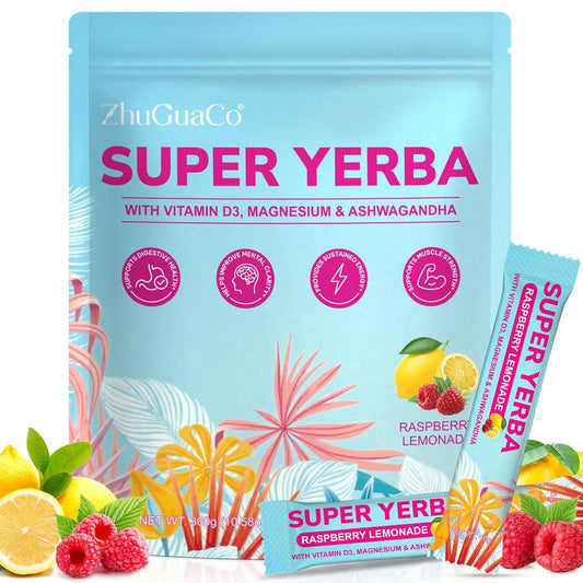 Yerba Mate Instant Tea Powder | Super Yerba Mate Tea for Energy Support & Gut Health - Ashwagandha, Lion’s Mane, L-Theanine, Raspberry Lemonade Flavor, Hot or Cold Drink (10.58 oz, 30 Servings)