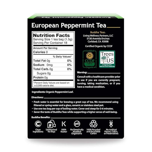 Buddha Teas Organic European Peppermint Tea - OU Kosher, USDA Organic, Ccof, 18 Bleach-Free Tea Bags