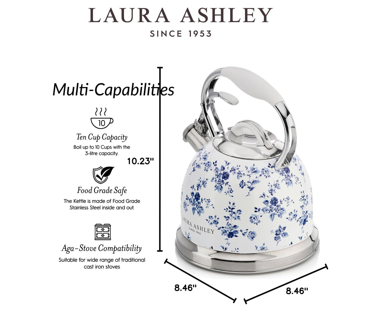 Laura Ashley China Rose Whistling Tea Kettle Stovetop, Tea Pot for Stove