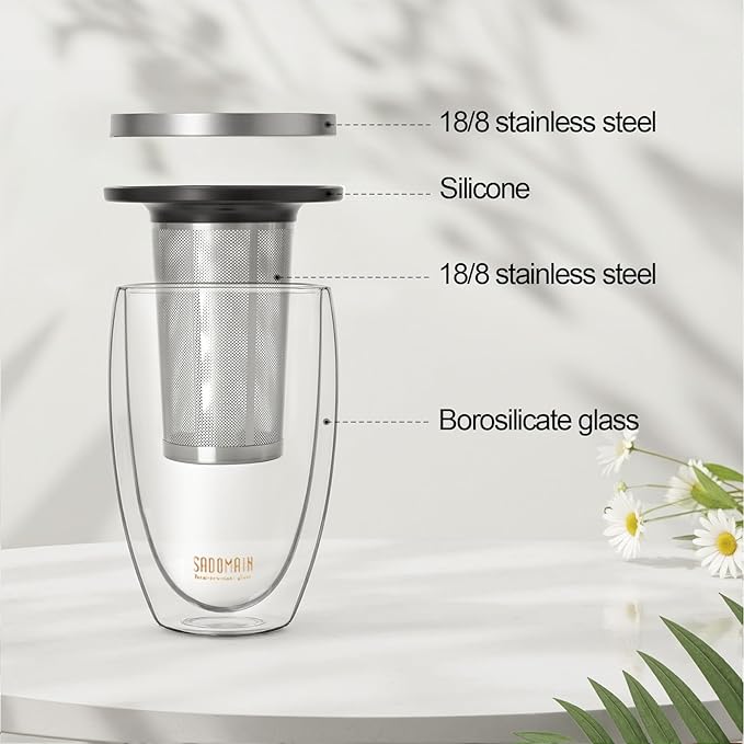 Glass Tea Cup with Infuser and Lid, Tea Infuser Mug in 12 OZ/350ML, Heat-Proof Double Wall Glass Tea Cup, 100% Plastic-Free Tea Mug with Lid and Strainer, Keeps Drinks Hot/Cold Longer Time