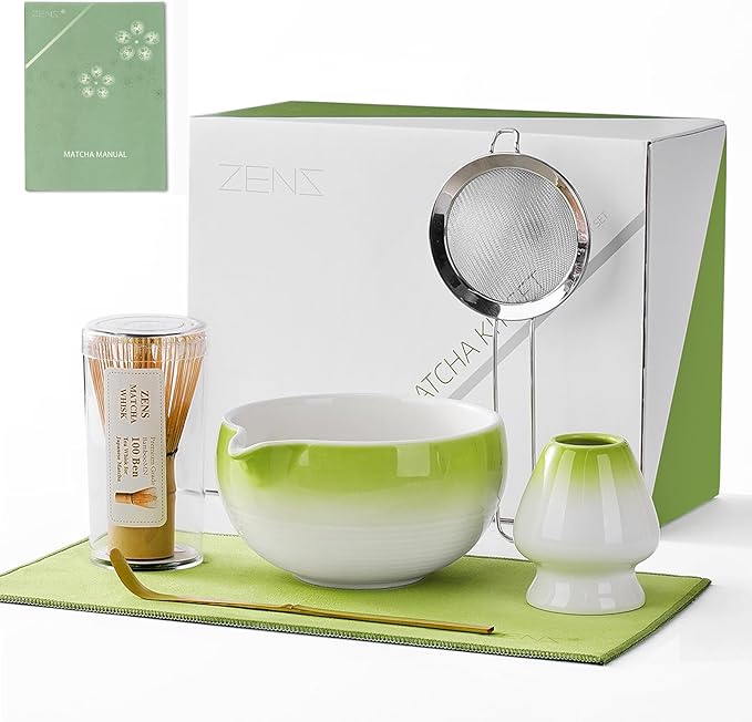 ZENS Matcha Whisk Set, 6pcs Matcha Kit Includes Ceramic Bowl, Handcrafted Bamboo Whisk and Chasen Holder, Scoop, 304 Sifter & Tea Mat，Matcha Set for Tea Ceremony,Latte Making, Green
