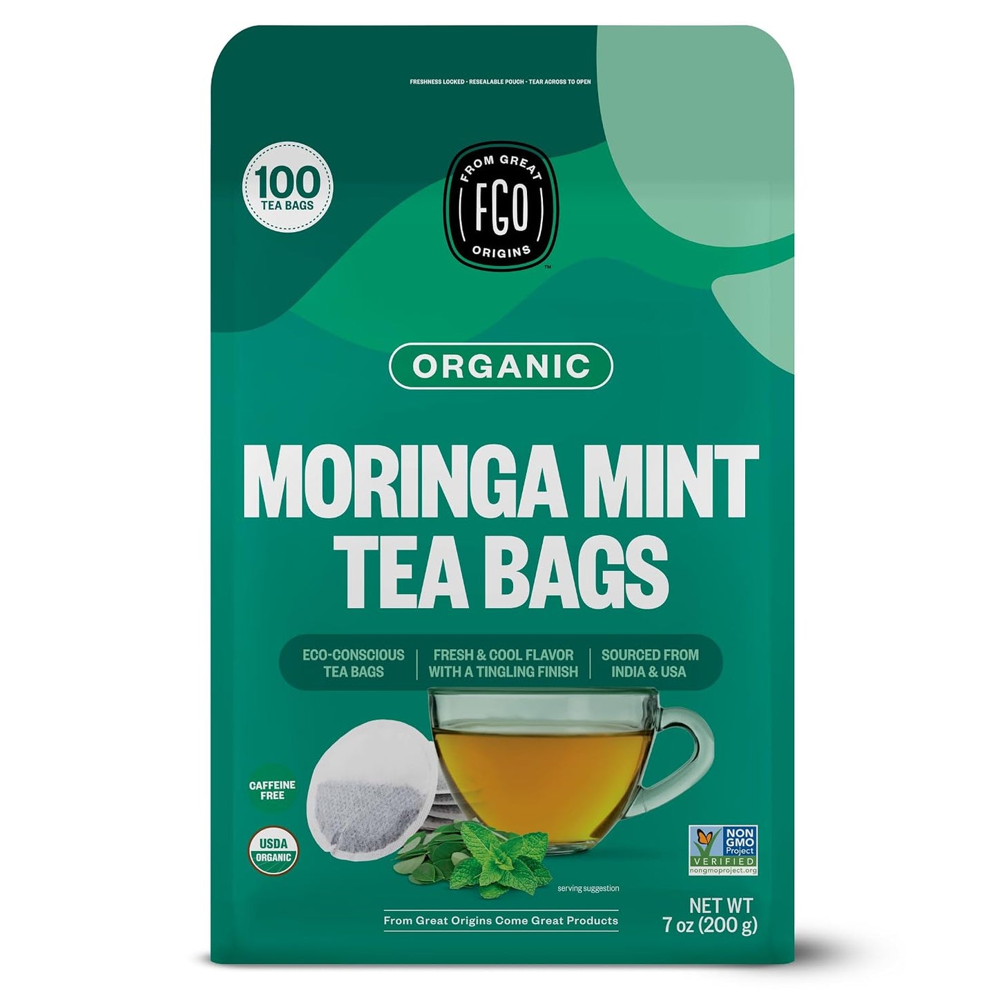 FGO Organic Moringa Mint Tea, 100 Count, Eco-Conscious Herbal Tea Bags, Resealable Bag, Caffeine Free, Packaging May Vary (Pack of 1)