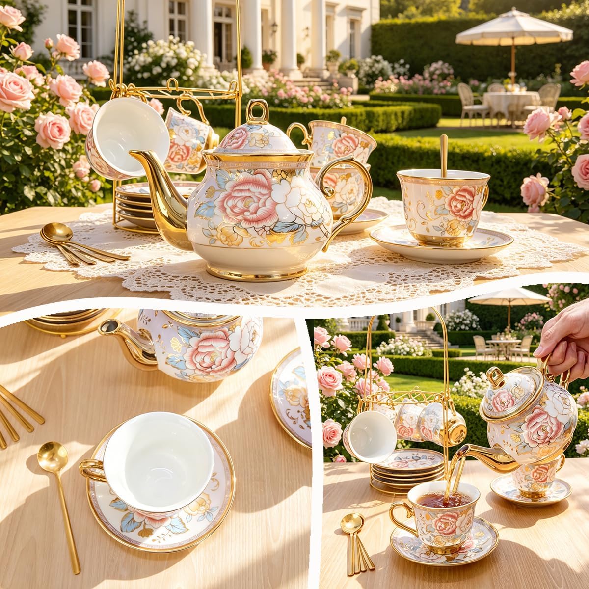 Gold-plated vintage red rose ceramic tea set, beautiful coffee tea pot set for 6 people
