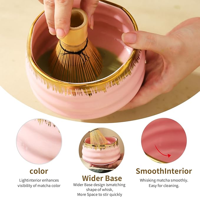 7-Piece Matcha Set: Matcha Bowl + Bamboo Whisk Kit, Ceremonial Matcha Whisk Tools with Golden Texture Details, Japanese Tea Ceremony Starter Kit