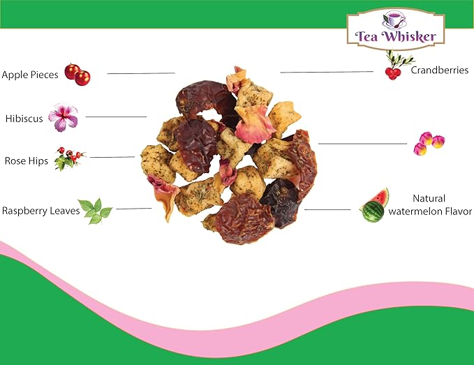 Tea Whisker - Refreshing Watermelon, Fruity Herbal, Loose Leaf Tea, 4 Ounce Pouch, Serve Iced or Hot, Non-Caffeinated